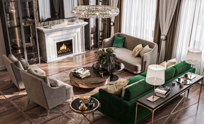 Salon keramike sa pločicama sa dizajnom drveta u dnevoj sobi